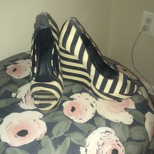 Blue and white striped wedge heels